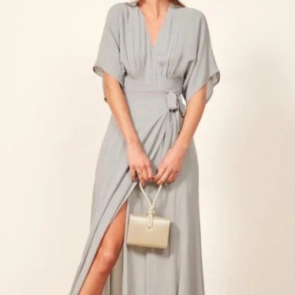 Reformation Light Gray Wrap Maxi Dress with Waist Tie
